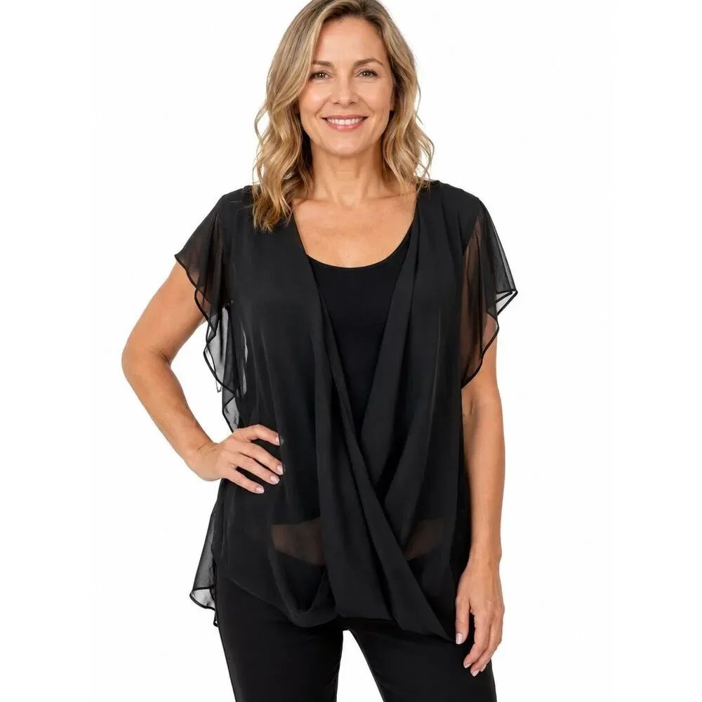 Vince Camuto Black Top Knit Chiffon Flowy Dress SZ XL